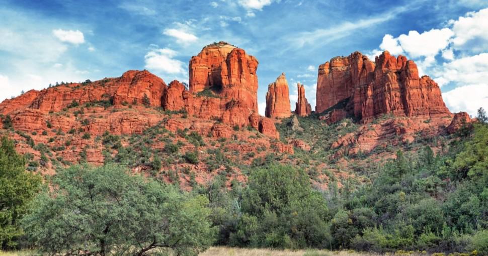 Cathedral Rock Sedona Arizona with oak trees in the foreground