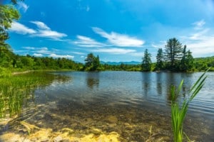 Coffin Pond in New Hampshire with the White Mountain Range in the background