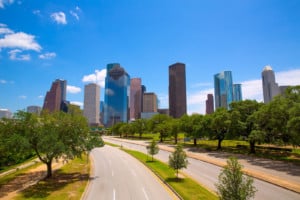 Houston Texas Skyline with modern skyscapers and trees