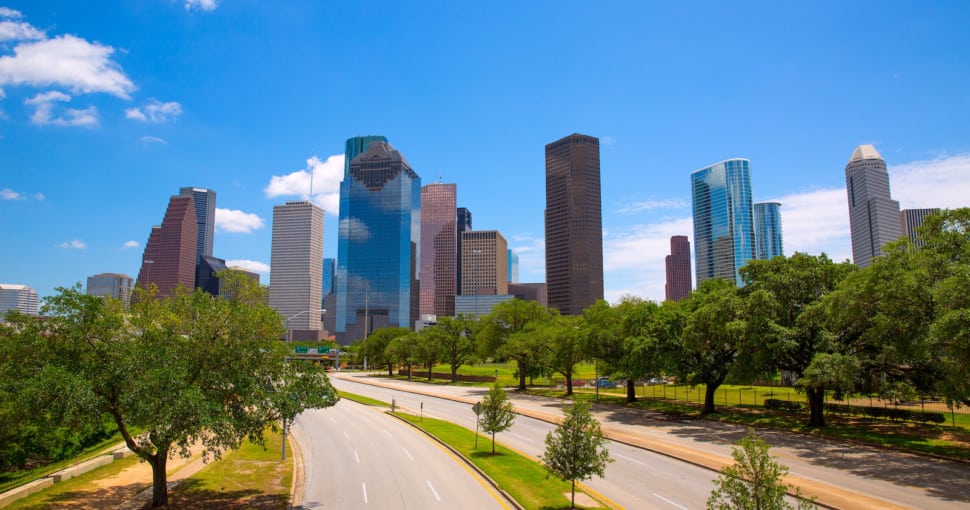 Houston Texas Skyline with modern skyscapers and trees